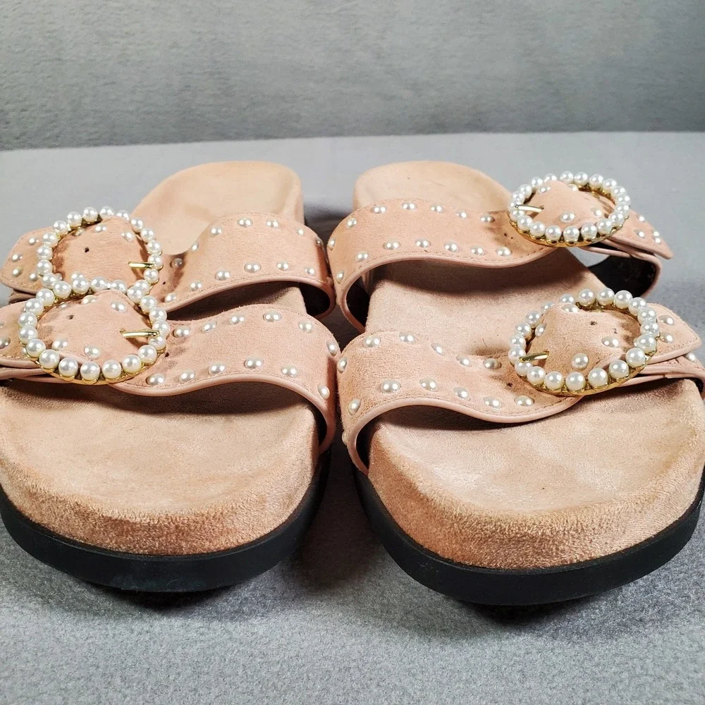 Rebecca Minkoff Veeoleeta Sandal Womens 7 Pink Pearl Buckle Suede Leather Slides - Picture 2 of 9